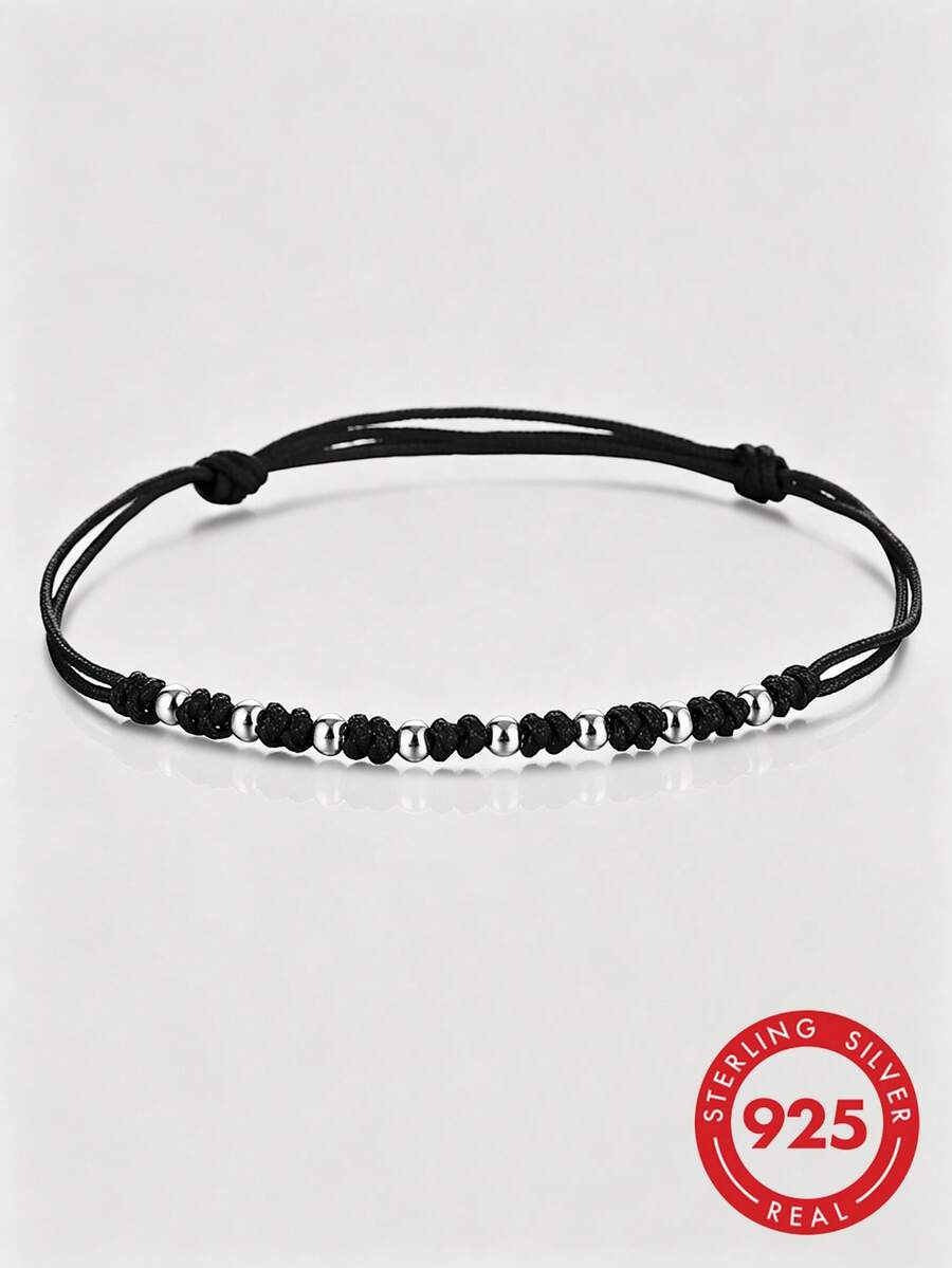 HuooNew 1 pieza Pulsera simple de plata de ley 925 tejida con cuerda negra, longitud ajustable, adecuada para uso diario - Negro - Ver 1