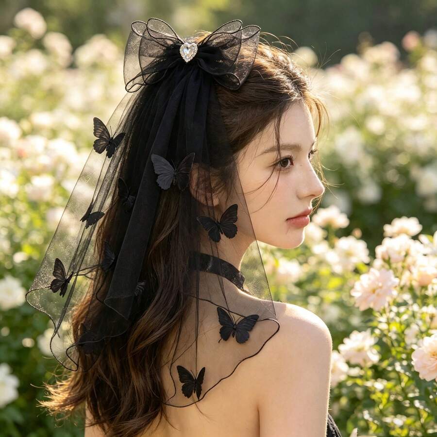 Velo de malla negra transparente y ligero con borde ondulado, accesorio para el cabello resistente a enganches para fotografía y peinados festivos - Ver 1