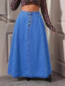 HAPPY GIRL#Spring Autumn Versatile Fashion Casual Elegant Holiday Vacation Daily Date Travel Airport Outfit Denim Women's A-Line Denim Skirt - Blue - View 3