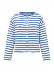Women's Striped Knit Cardigan, Long Sleeve Round Neck Button-Front Top, Drop Shoulder Regular Hem, Medium Stretch For Spring Outfits - Multicolor - View 5