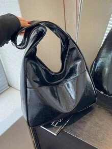 時尚高端亮面PU皮革女款單肩包，極簡大容量托特包/通勤包 - 黑色 - 查看 7