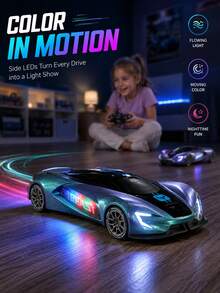 1:16 RC Supercar Toy With Colorful LED Lights, Rechargeable High-Speed Remote Control Racing Car, Drift Sports Car With Handle Controller, Spare Wheels, Traffic Cones, DIY Track Accessories, Indoor/Outdoor Kids Gift - Multicolor - View 5