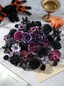 100件/50件人造花頭，大中小型人造花，迷你仿真花，雛菊花，適用於萬聖節裝飾、房間裝飾、婚禮手工裝飾、桌面牆面裝飾、秋季家居裝飾、派對、生日禮物等 - 黑紫色 - 查看 10