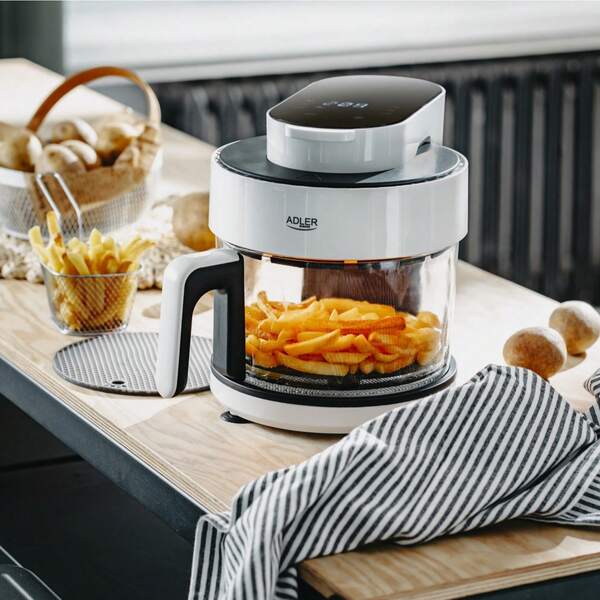 Adler Airfryer olievrije frituurpan glazen kom convectieoven halogeenoven 3L 1200W 80-200°C LED-display touchpaneel 8 programma's 30 min timer automatische uitschakeling uitneembaar rek siliconen mat