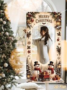 1件裝聖誕拍照背景布，印有Merry Christmas文字、雪人、聖誕樹、松枝、聖誕球、雪花圖案，120*60cm乙烯基聖誕掛式拍照背景，相框橫幅道具，聖誕裝飾，節日派對背景裝飾，聖誕拍照道具，家庭聚會用品，室內/室外裝飾，冬季家居裝飾，亦適用於新年裝飾 - 彩色 - 查看 8