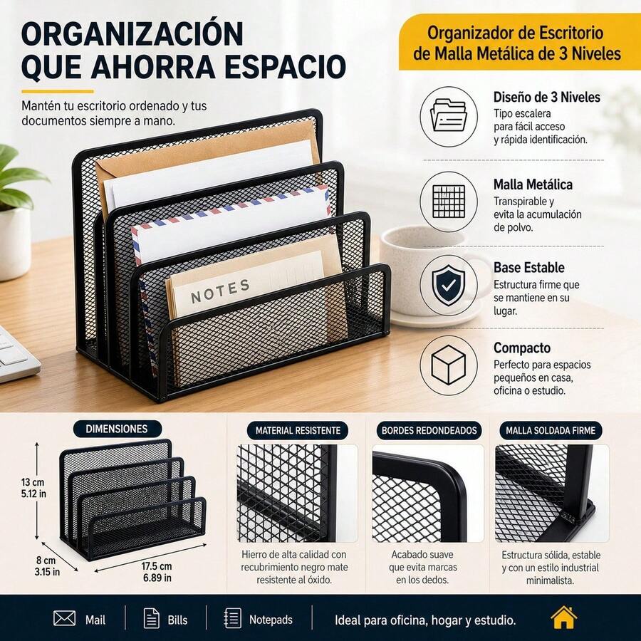 Black Metal Mesh Desktop Organizer With 3 Compartments For Documents And Letters, Durable Iron Stand For Office And Home, 17.5x8x13CM - A - 查看 1