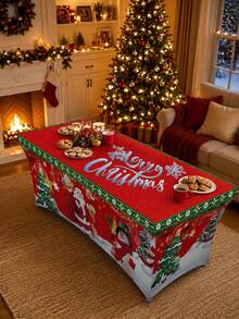 1pc Christmas Fitted Elastic Tablecloth, Polyester Spandex Full Coverage Elastic Table Cover, Printed With Santa Claus, Snowman And Christmas Tree Patterns, Rectangular Wrinkle-Resistant Tablecloth, Suitable For Holiday Party Buffet Dessert Table Decoration - Multicolor - View 4