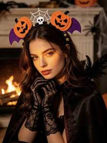 2pcs/Halloween Themed Decorative Headbands, Pumpkin Bat Spider Web Skull Creative Design, Glitter Felt Texture, Suitable For Party Makeup Ball Atmosphere Funny Headwear, Holiday Outfit Versatile Decorative Headband - Multicolor - View 3