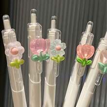 5/10pcs Tulip Ballpoint Pens, Retractable Pens, 0.5mm Tip, Black Ink Neutral Pens, Quick-Drying, Smooth Writing, Portable, High-Quality Transparent Pens, Suitable For Students To Practice Questions, Take Notes, Office Writing, Back To School Ballpoint Pens - Multi-color - View 4