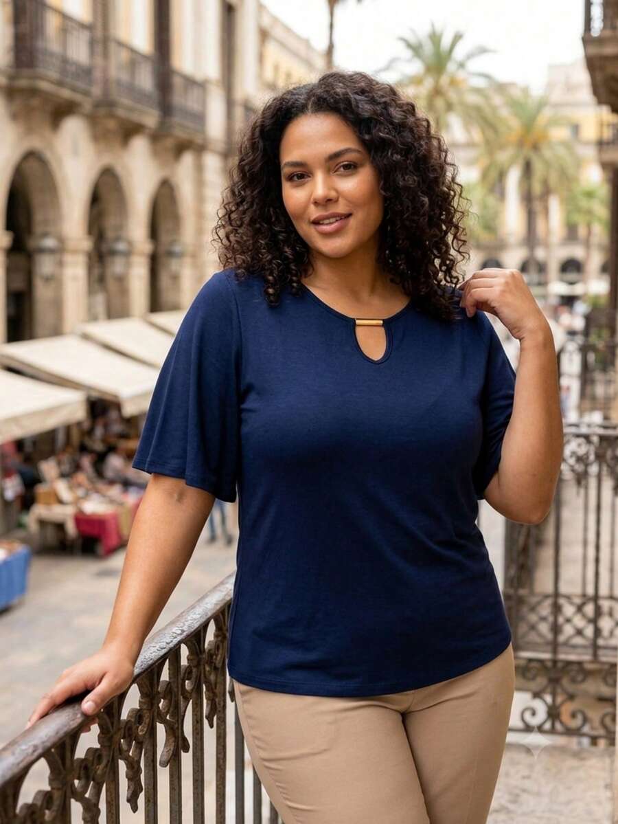 AME MODAS Women's Plus Size Blouse In Viscolycra Knit With Flutter Sleeves And Iron-On Detail On The Neckline 8.8 - 藏蓝色 - 查看 1