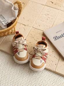 Pair Toddler Color Contrast Webbing PU Hook And Loop Toe Protection Flat Retro Sneakers For Daily Outdoor Wear - Khaki - View 5