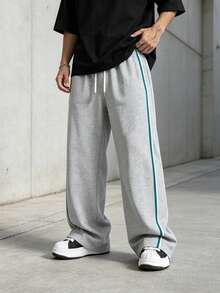 Manfinity Men's Contrast Side Stripe Drawstring Waist Wide Leg Sweatpants, Casual Loose Fit With Pockets - Grey - View 3