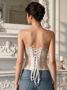 RAHQ Strapless Eyelash Lace Nude Mesh Heart-Shaped V-Neck Fitted Corset Top - Apricot - View 6