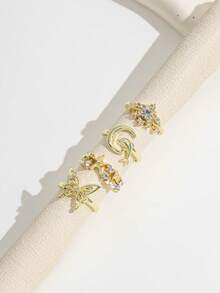 Juego de 4 anillos de estilo oceánico con mariposa, delfín, luna y strass, juego de anillos de estrella de mar dorada con strass de varias piezas, juego de anillos de strass versátil y de moda para mujeres - Dorado - Ver 2
