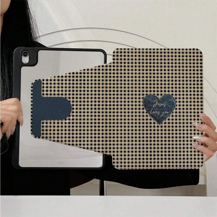 1 buah Casing Pelindung Tablet Motif Kotak-kotak Beige dengan Hati Gelap, Dapat Diputar 360°, Dilengkapi Slot Pena, Penutup Penyangga Magnetik Multi-Sudut, Mendukung Fungsi Tidur/Bangun Otomatis, Kompatibel dengan iPad PRO/AIR, Pad 5/6/7, Pad, MatePad, Pad, Honor Pad, Pad - MultiWarna - View 1