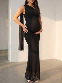 Maternity Elegant Romantic Fashion Commute Sexy Asymmetrical Neckline Fitted Long Dress Black - Black - View 6