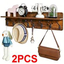 Wooden Coat Hooks 2 Layer Wall-Mounted Coat Rack 8 Hooks Floating Shelves - 2pcs - View 1