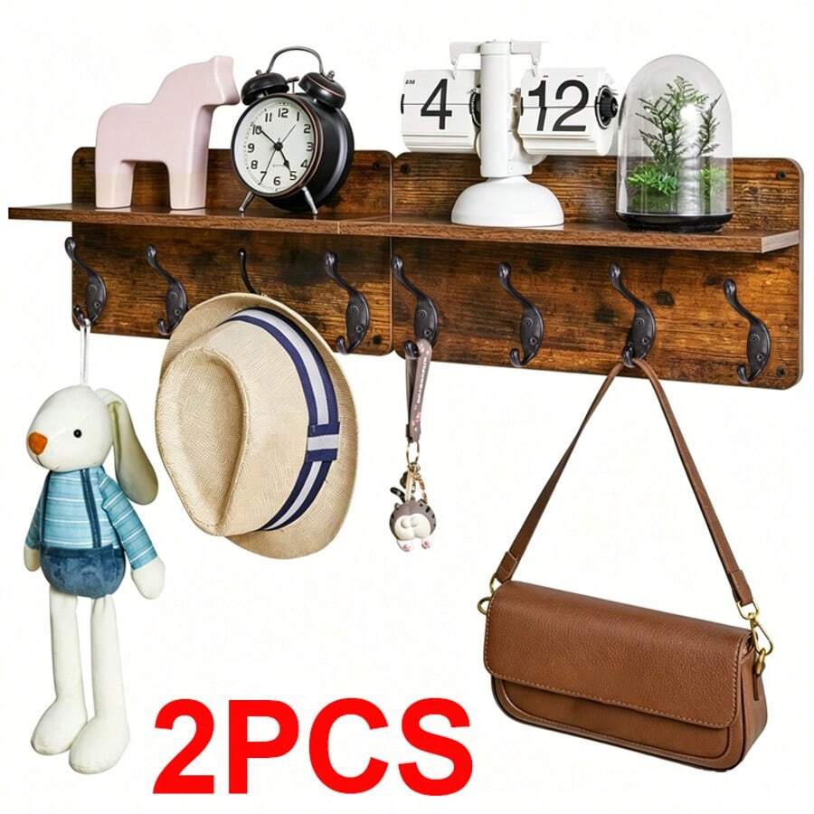 Wooden Coat Hooks 2 Layer Wall-Mounted Coat Rack 8 Hooks Floating Shelves - 2pcs - View 1