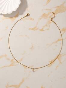 1pc Women's Necklace, Minimalist Beach Layering Style, Stainless Steel Round Snake Chain With Zirconia Four-Leaf Clover Pendant, Daily Accessory Gift - Yellow Gold - View 4