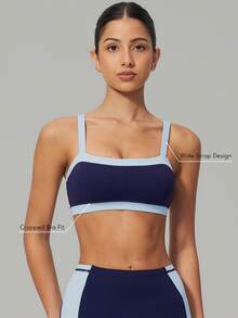 Sodalemon Bra Olahraga Wanita, Desain Blok Warna, Bantalan yang Dapat Dilepas, Atasan Tank Pendek Elastis Lembut, Tali Bahu Lurus, Pakaian Olahraga Yoga - Navy Blue - View 1