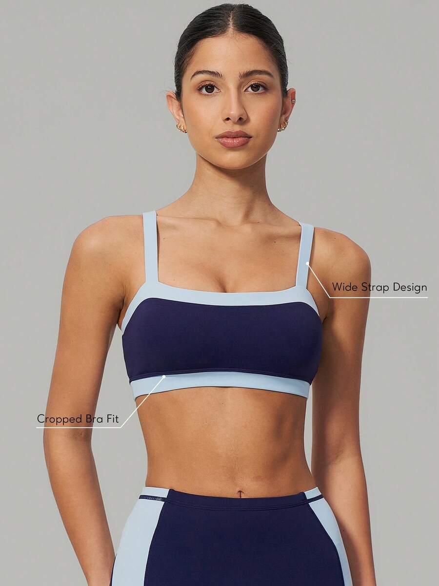 Sodalemon Bra Olahraga Wanita, Desain Blok Warna, Bantalan yang Dapat Dilepas, Atasan Tank Pendek Elastis Lembut, Tali Bahu Lurus, Pakaian Olahraga Yoga - Navy Blue - View 1