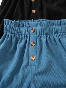 2pcs/Pack Celana Panjang Kasual Anak Perempuan untuk Sehari-hari, Modis, Warna Polos, Pinggang Elastis, 3 Kancing, Dekorasi Kayu, Musim Semi dan Gugur - MultiWarna - View 4