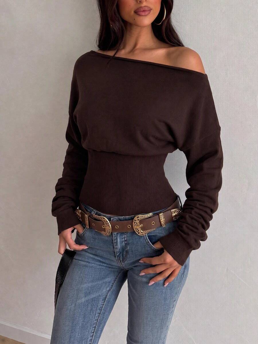 Floreya Elegant Casual Daily Commute Basic Old Money Style Design Asymmetrical Shoulder Slim Fit Knit Sweater Top, Winter - Brown - View 1