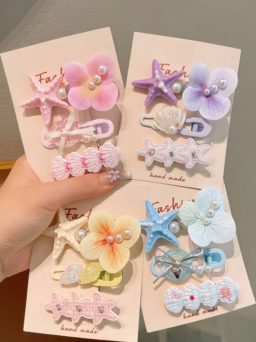 Set 3 buah Jepit Rambut Motif Bintang Laut, Kerang, dan Bunga, Jepit Rambut Samping Motif Bunga Mutiara, Jepit Rambut Poni Manis, Cocok Untuk Wanita - MultiWarna - View 1