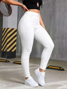 Celana Jeans Denim Slim Fit Serbaguna untuk Wanita, Terbuat dari Kain Denim, Dengan Kancing, Saku, dan Resleting, Panjang Sedang, Nyaman, dan Elastis - Putih - View 5