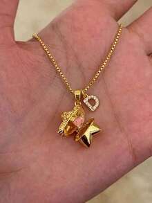 1Pc Stylish Unique Stainless Steel Necklace Features Mini Letter Pendant Designed Combination Star Heart Can Opened And Closed For Everyday Wear - Gold - View 1