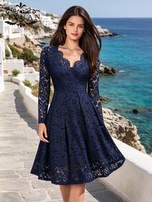 YI XUAN Lace V-Neck Flared A-Line Dress, Suitable For Spring And Autumn Elegant - Navy Blue - View 1