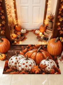 1pc Autumn Series Polka Dot White Pumpkin Orange Pumpkin Pattern Printed Faux Cashmere Surface TPR Bottom Door Mat, Bathroom Mat, Kitchen Mat, Laundry Room Mat, Holiday Atmosphere Decor, Home Decor, Party Decor, Wedding Decor, Dining Kitchen Decor - Multicolor - View 1