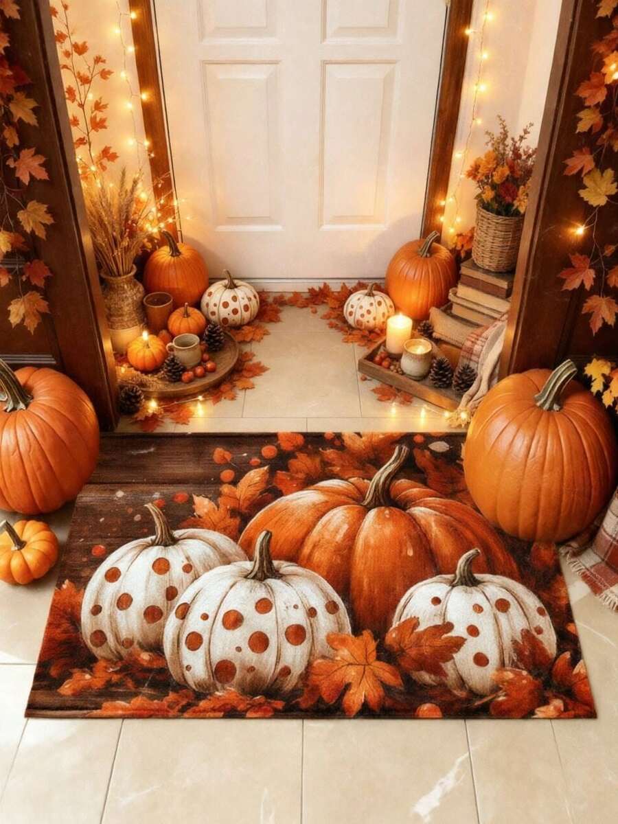 1pc Autumn Series Polka Dot White Pumpkin Orange Pumpkin Pattern Printed Faux Cashmere Surface TPR Bottom Door Mat, Bathroom Mat, Kitchen Mat, Laundry Room Mat, Holiday Atmosphere Decor, Home Decor, Party Decor, Wedding Decor, Dining Kitchen Decor - Multicolor - View 1