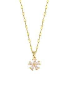 1pc Flower Pendant Necklace Gold Tone Sparkling Zirconia Chain For Girls Sweet Daily Wear Back To School Party Holiday Gift Fashion Jewelry Cute - Gold - View 4