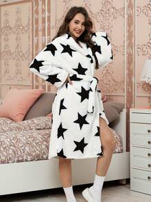 1pc Star Print Fashion Plus Size Women's Bathrobe, Thickened Warm, Back To School Season Style, Comfortable And Fitted - Bathrobe - View 2