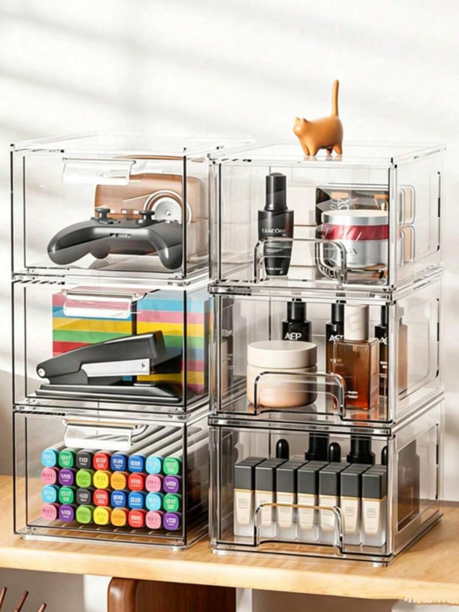 Organizer Meja Akrilik Kapasitas Besar, Kotak Penyimpanan Kosmetik & Masker, Tempat Lipstik yang Dapat Ditumpuk, Kotak Penyimpanan Alat Tulis Kantor, Cocok untuk Kamar Tidur, Dapur, Kantor, dan Penggunaan di Rumah - Clear - View 1