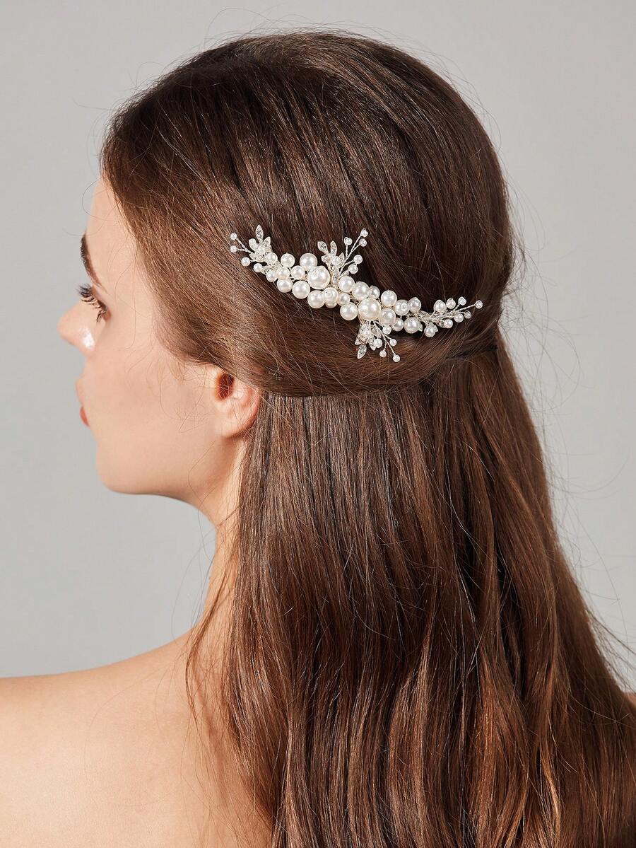 1 Elegant Hair Comb Decorated With Rhinestone Imitation Pearls, Suitable For Weddings, Daily Life, Parties, And Banquets - Silver - View 1