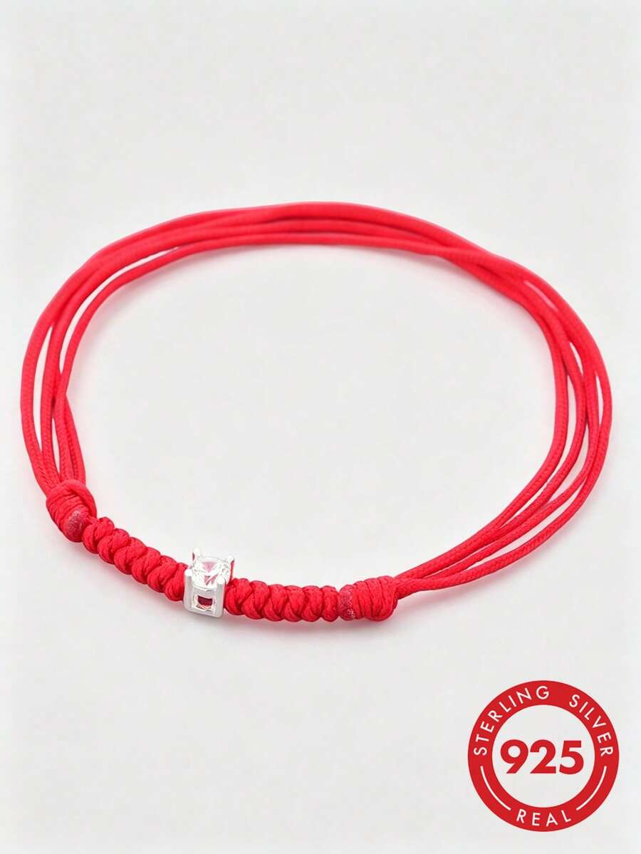 HuooNew 1pc Minimalist 925 Sterling Silver Braided Red String Adjustable Bracelet, Suitable For Daily Wear - Red - View 1