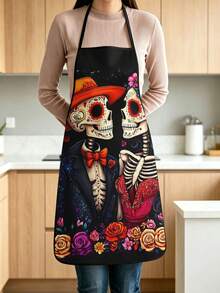 4pcs Day Of The Dead & Halloween Graphic Kitchen Apron, Sugar Skull Couple Grim Reaper Wizard Print Adjustable Cooking Apron For Holiday Party Decor - Multicolor - View 10