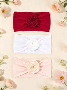 3pcs Solid Color Rose Flower Princess Headband, Comfortable Soft Elastic Hair Accessories Set, Suitable For Photography And Gifts - Multicolor - View 1