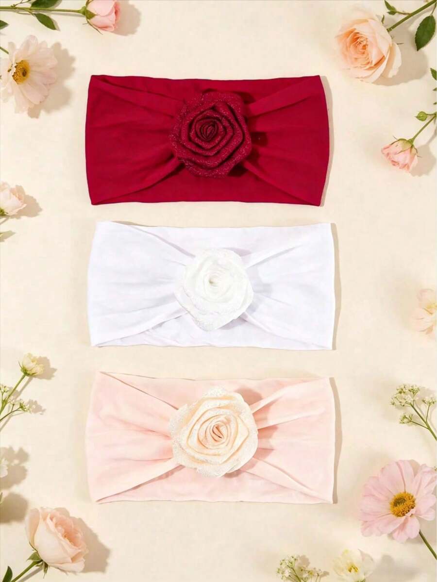 3pcs Solid Color Rose Flower Princess Headband, Comfortable Soft Elastic Hair Accessories Set, Suitable For Photography And Gifts - Multicolor - View 1