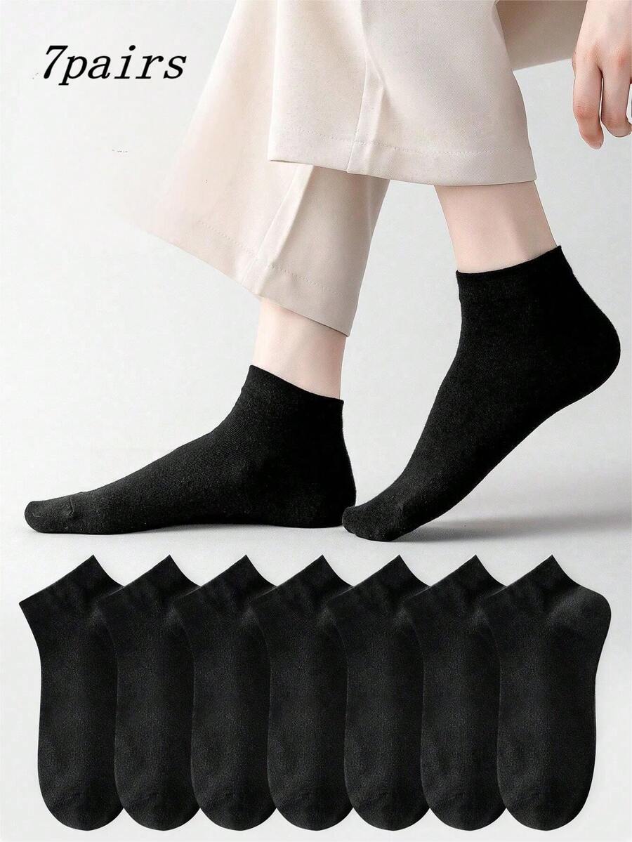 7 Pairs Unisex Pure Cotton Spring/Autumn Solid Color Minimalist Versatile Plus Size Fashion Short Socks - Black - View 1