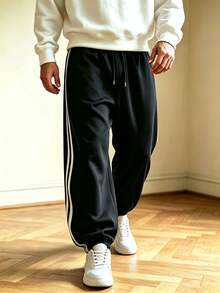 Men's Plus Size Outdoor Striped Drawstring Waist Pocket Casual Fashion Straight Leg Long Pants, Spring/Autumn, Minimalist Versatile - Black - View 2