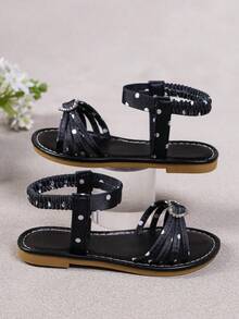 Cute Style Girls Black Polka Dot Heart Rhinestone Ankle Strap Flat Sandals Kids Footwear For Daily Outdoor - Black - View 3