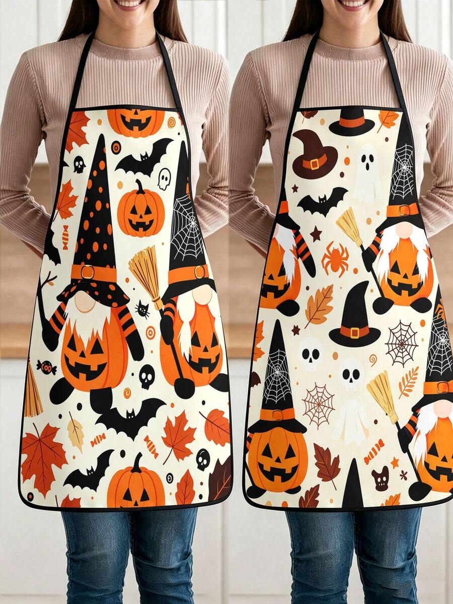 2pcs Halloween Gnome Pumpkin Print Apron, Cute Ghost Bat Spider Web Maple Leaf Pattern Adjustable Cooking Apron, Holiday Kitchen Decor Party Accessory - Multicolor - View 1