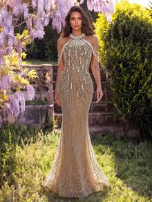 Women's Elegant Knitted Sleeveless Evening Gown, Sexy Backless Beaded Mesh Sequin Patchwork Zipper Slit Long Dress, Suitable For Prom, Cocktail Party, Graduation Ceremony - Champagne - View 4