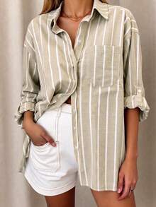 Casual Versatile Striped Collar Design Button Cuff Cotton Linen Shirt, New Style Suitable For Autumn, Summer, Vacation Outings For Women Spring - Khaki - View 5