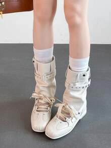 Sepatu Bot Setengah Betis dengan Hiasan Pita Satin dan Rivet, Ukuran Plus untuk Wanita, Gaya Vintage Punk Hot Girl Slouch Boots - Putih - View 4