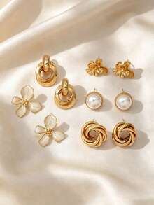 5 Pairs Gold Metal Earrings Set, Including Interlocking Circles, Twisted Knots, Round Faux Pearls, 3D Flowers And Enamel Flower Studs, Elegant Daily Commute Jewelry For Women, Perfect Gift - Gold - View 4