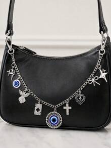 1pc Gothic Style Multi-Type Rhinestone Evil Eye Wallet Charm And Chain, Blue Demon Eye Bag Charm, Charming And Unique Bag Accessory, Backpack Keychain, Women's Accessory, Travel Essential, Halloween Decoration - Multicolor - View 2